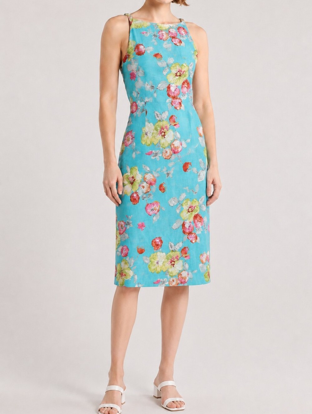 Jigsaw Aqua Floral  Sheath Dress Size 14 100% Linen Summer 19in pit to pit chest